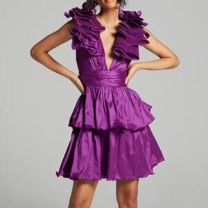 GABRIELLE UNION Rosette Purple Flower Shoulder Detail Deep V Cut Cocktail Dress